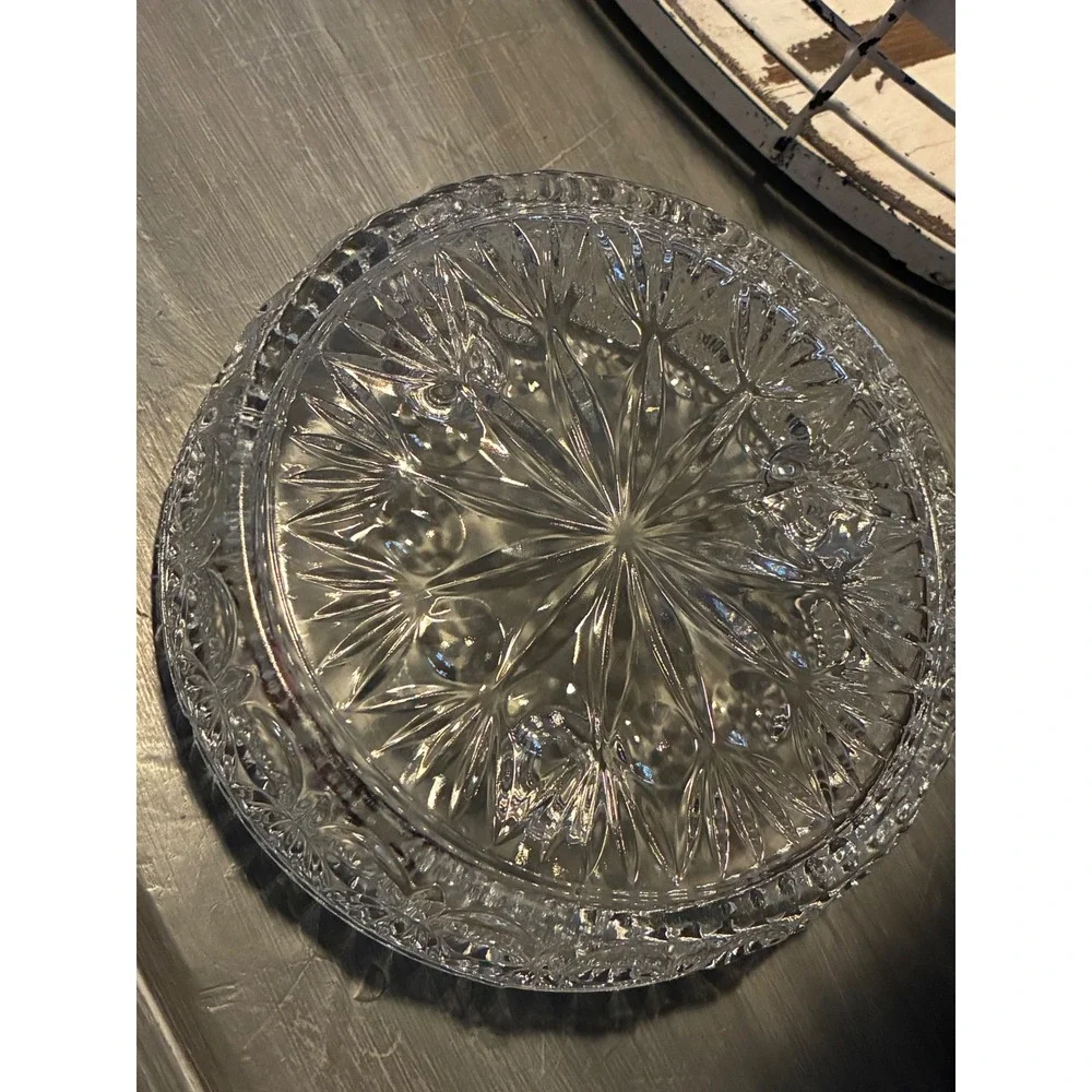 Vintage Clear Cut‎ Glass Round Bowl Sunburst Star 3 Candle Holder Centerpiece
